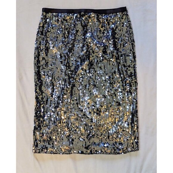 Nine West Skirt Pull On Silver Sequins Sparkle Fitted Large Black Pencil - Picture 1 of 6
